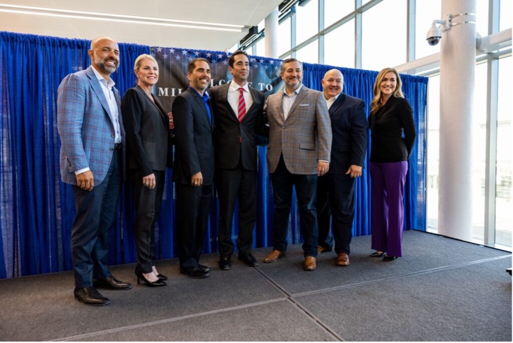 From left to right: North San Antonio Chamber of Commerce Board Chair Danny Zimmerman, Greater San Antonio Chamber of Commerce Board Chair Katie Harvey, San Antonio Hispanic Chamber of Commerce Board Chair Steven Alaniz, San Antonio City Councilmember Marc Whyte, U.S. Senator Ted Cruz, San Antonio Airport System Director Jesus Saenz, and greater:SATX President & CEO Jenna Saucedo-Herrera.