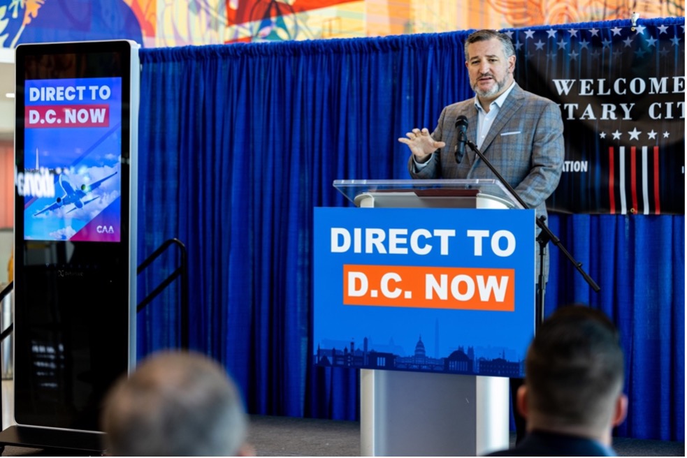 U.S. Senator Ted Cruz (R-TX) joins business and civic leaders in San Antonio on Friday, September 8, 2023 at the San Antonio International Airport (SAT) to urge Congress to authorize new direct flights to DCA.